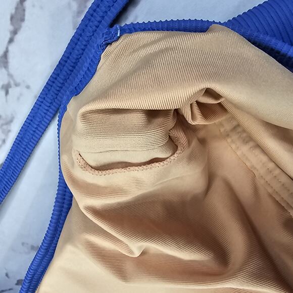 J Crew One Piece One Shoulder Strap Blue Ribbed Bikini Swim Suit High Cut - Picture 9 of 12